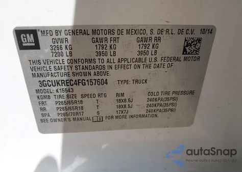 2015 Chevrolet Silverado 1500 2Lt from USA, damaged, VIN 3GCUKREC4FG157604